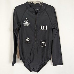 Tiny Tribe One Piece Swimsuit Zip Up Long Sleeve Rash Guard Black Girls Sz 6X-7